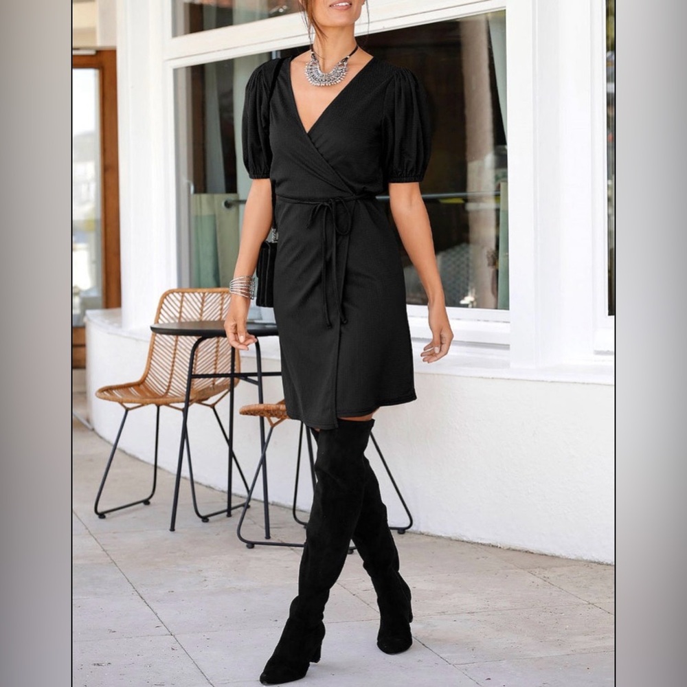 Lascana LBD Balloon Sleeve‎ Midi Wrap Dress Size 2